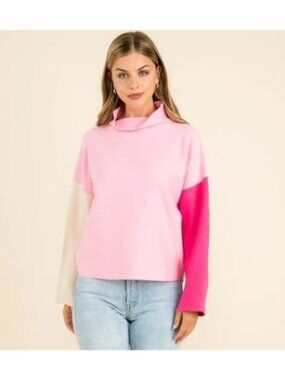 THML Pink Colorblock Relaxed Mock Neck Sweater